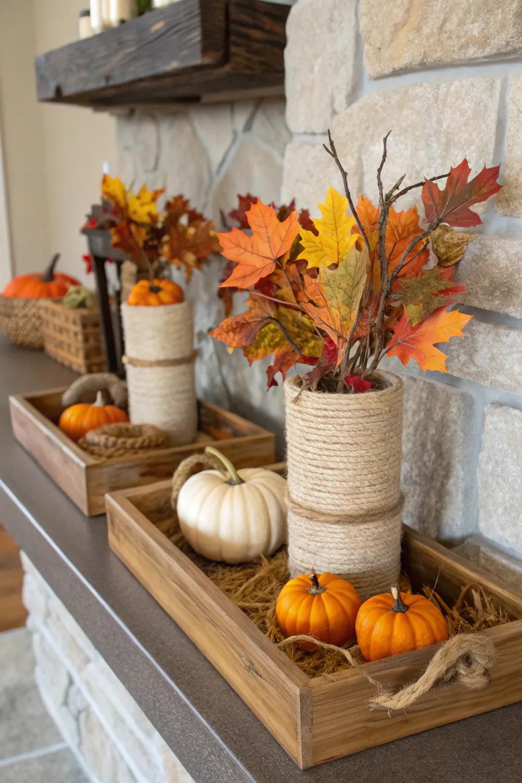 Raw wood features and string-tied bottles lend a raw charm to the mantel.
