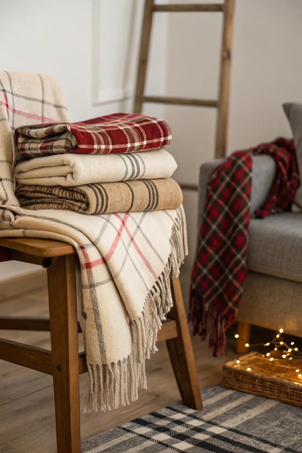Comfortable blankets introduce warmth to the autumn styled arrangement.