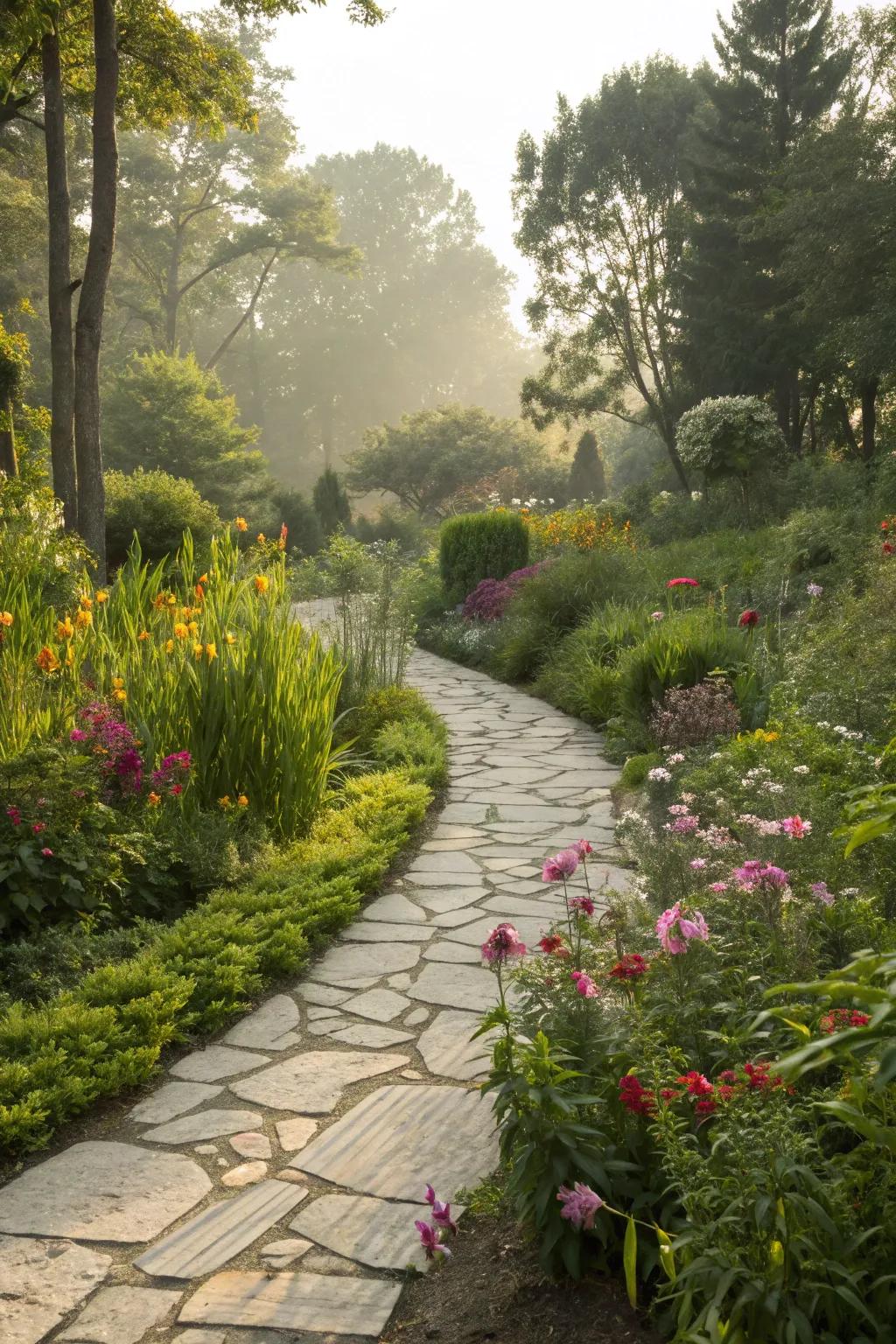 An unprocessed stone footpath advancing through a serene flower garden.