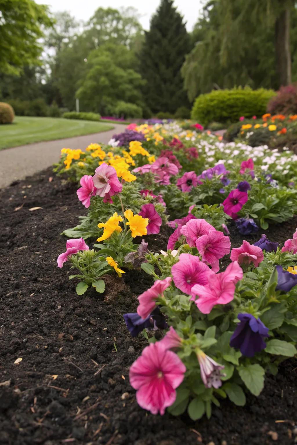 Dark ground cover provides a striking contrast with bright blossoms, enhancing the visual charm of the bed.