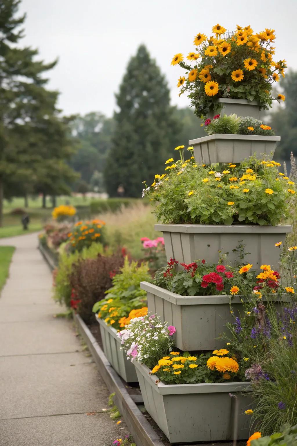 Elevated boxes including measurement to a garden setting.