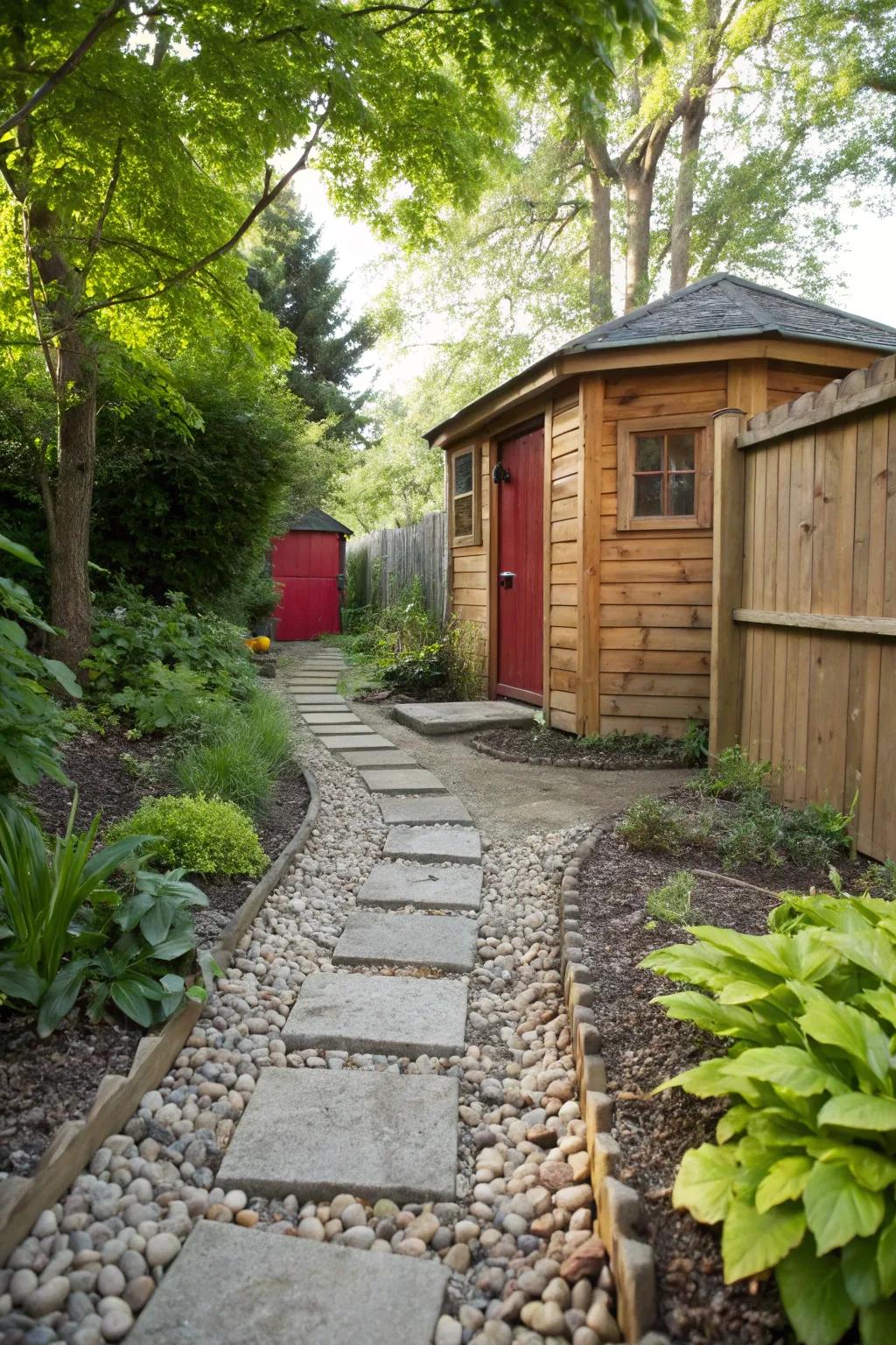A pebble trail introduces both aesthetic and functional value to your shed area.