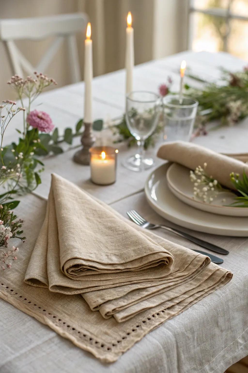 Homespun linen squares add texture and a warm feel to the table.