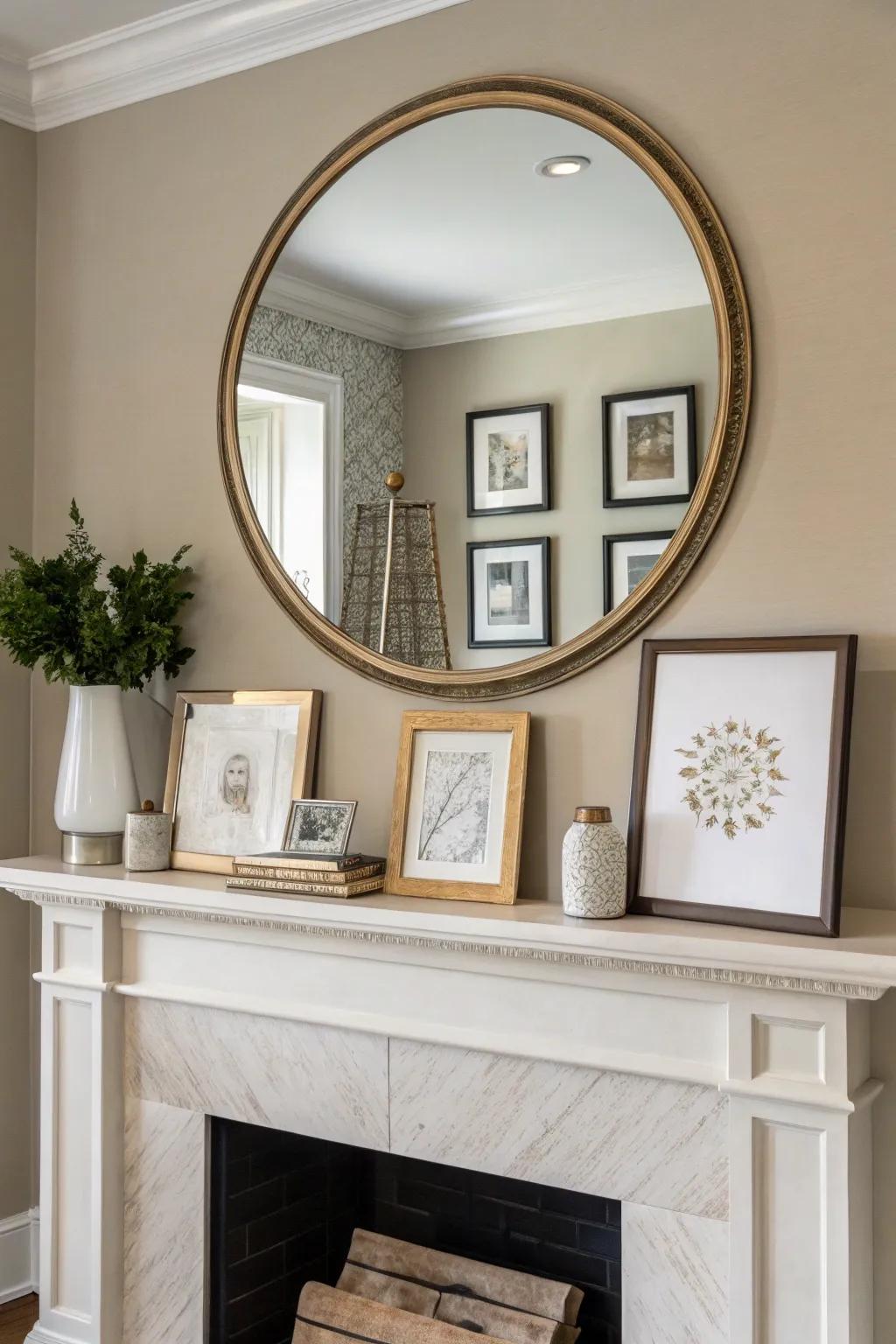 A substantial mirror gracefully enhances this casual mantel arrangement.