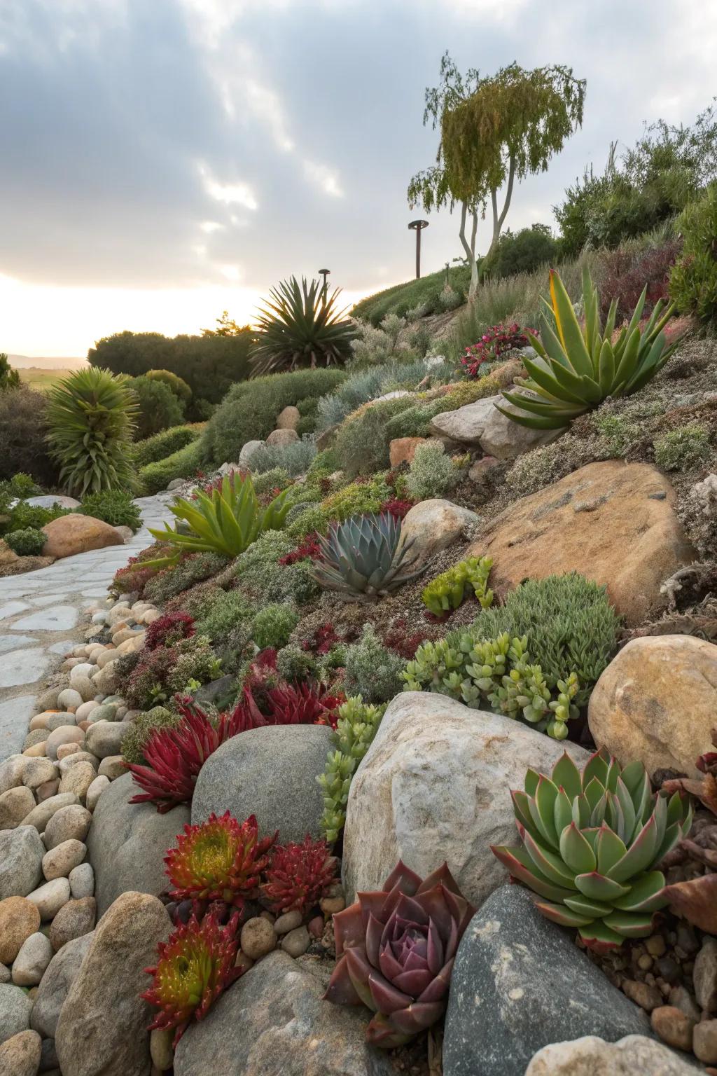 Desert plants contribute a lively element to stone landscapes.