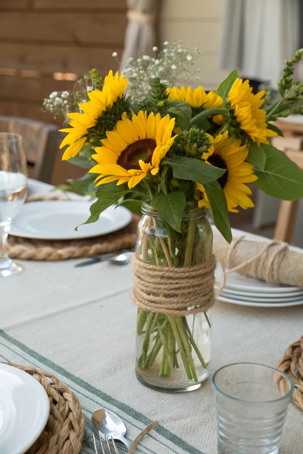 Rustic natural fiber gives any sunflower layout a lovely component.