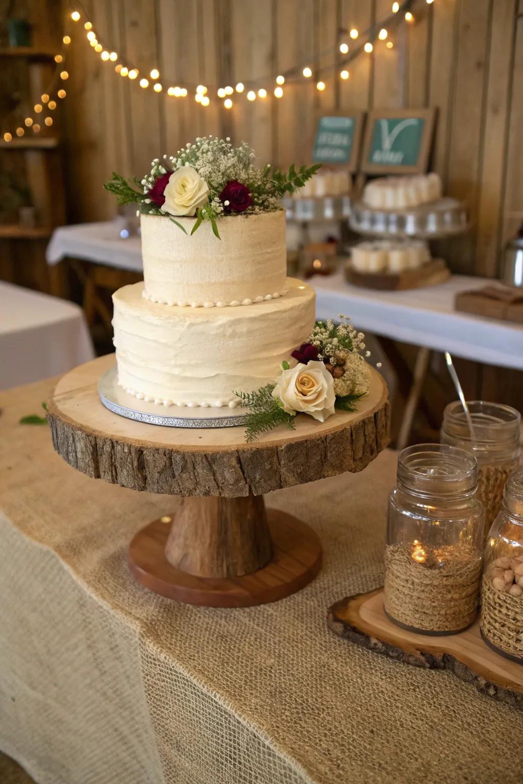 A touch of rustic charm with a wooden cake stand.