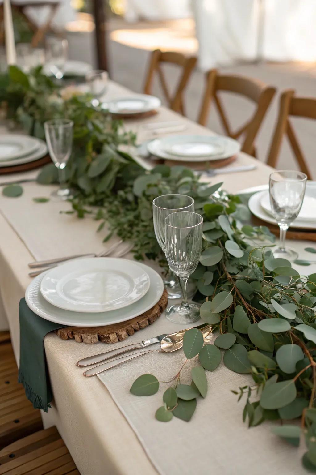 Greenery table runners give wedding tables a natural and elegant touch.