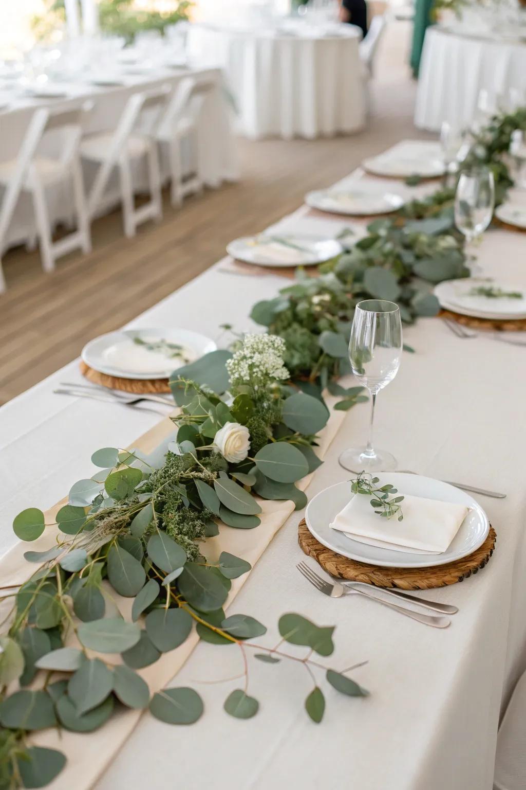 Silver dollar plant life imparts a vibrant touch to the table.
