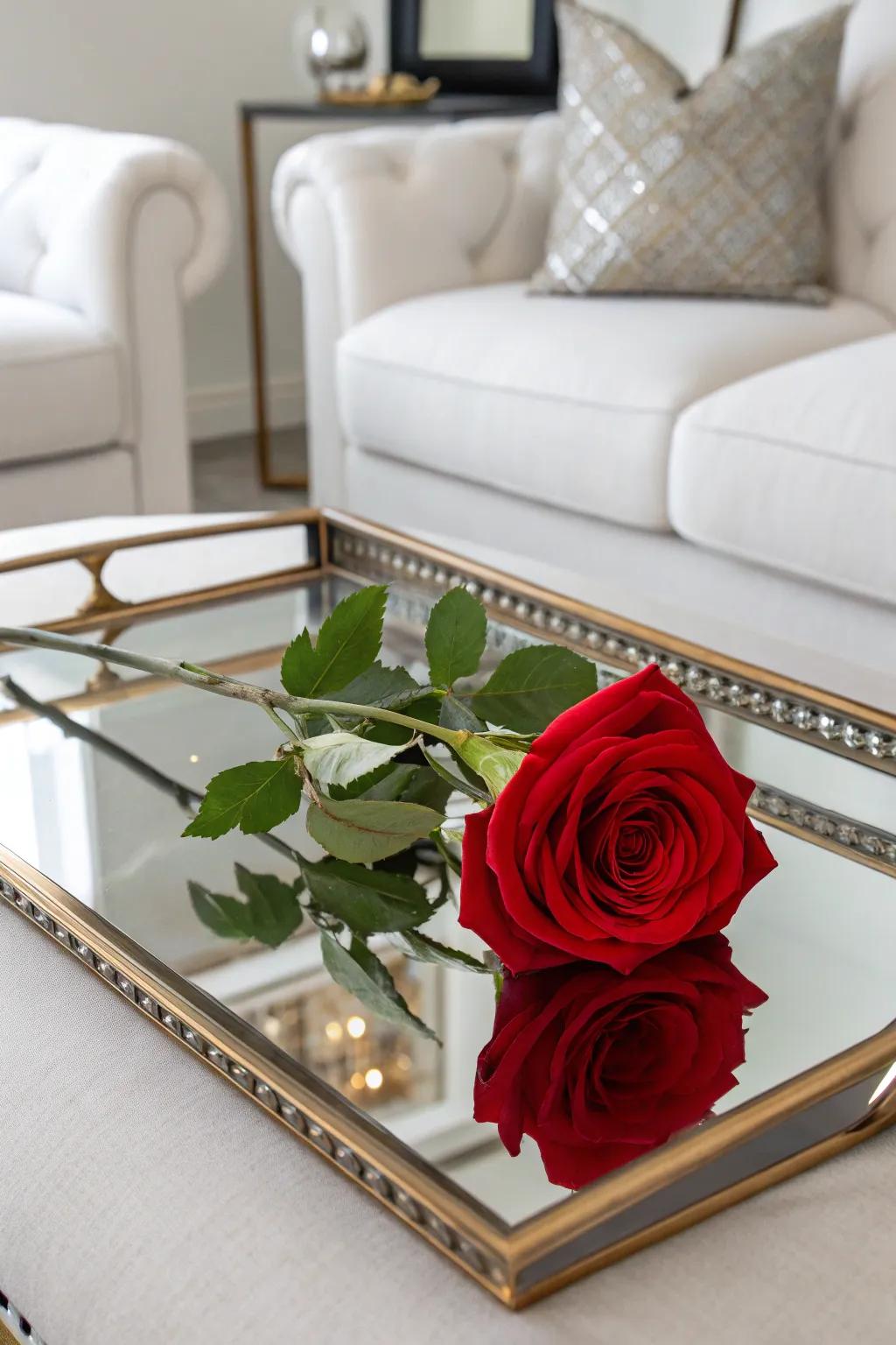 A reflective tray enriches the visual effect of an individual rose.