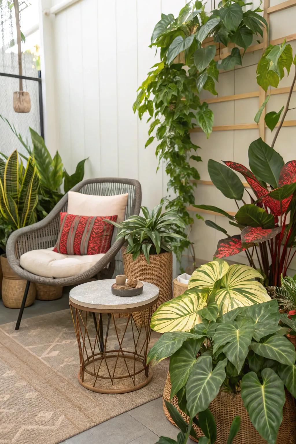 Greenery breathes vitality into the sitting area.
