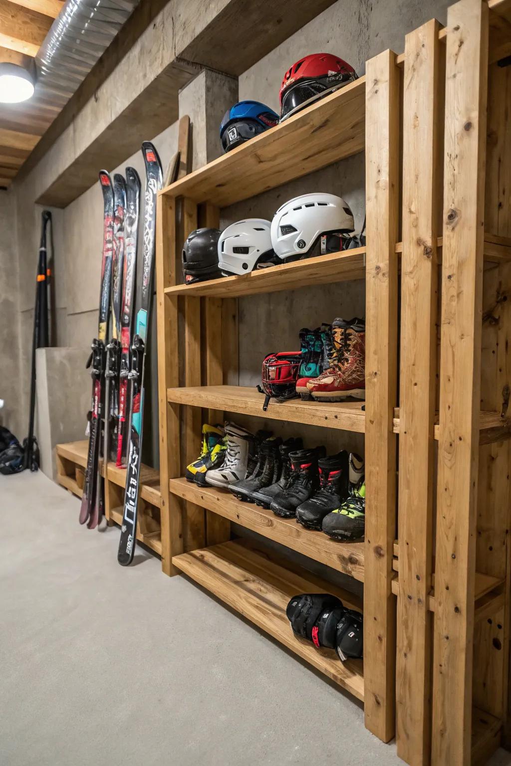 Shelving units offer a versatile solution for storing skis and gear.