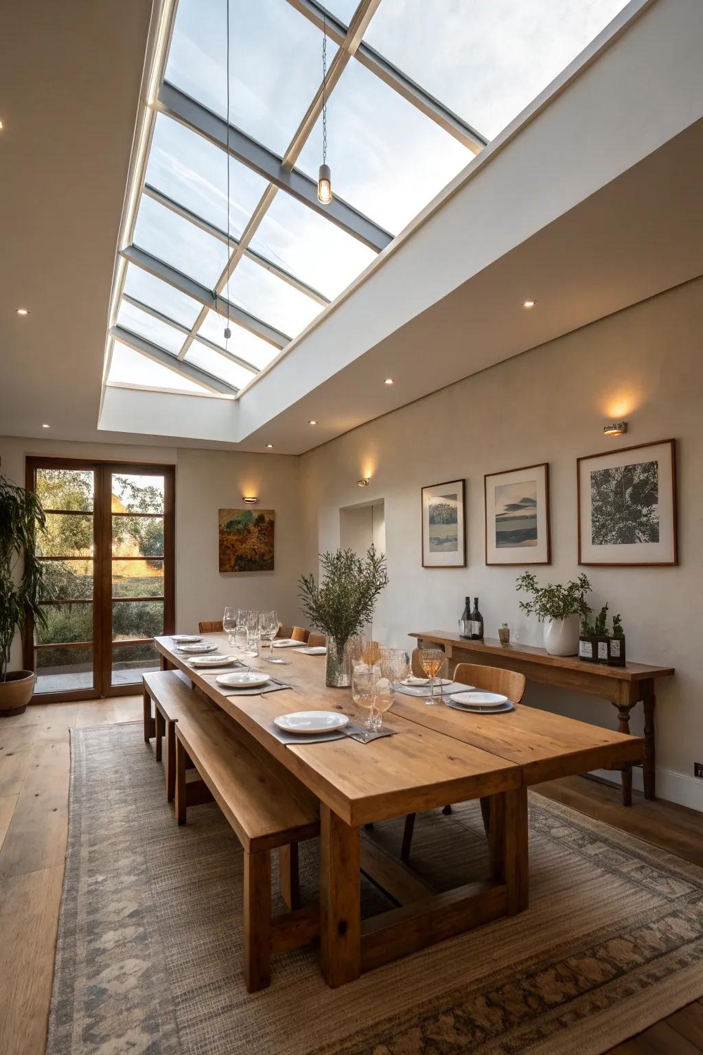 A dining room elevated by the gentle glow from a skylight.