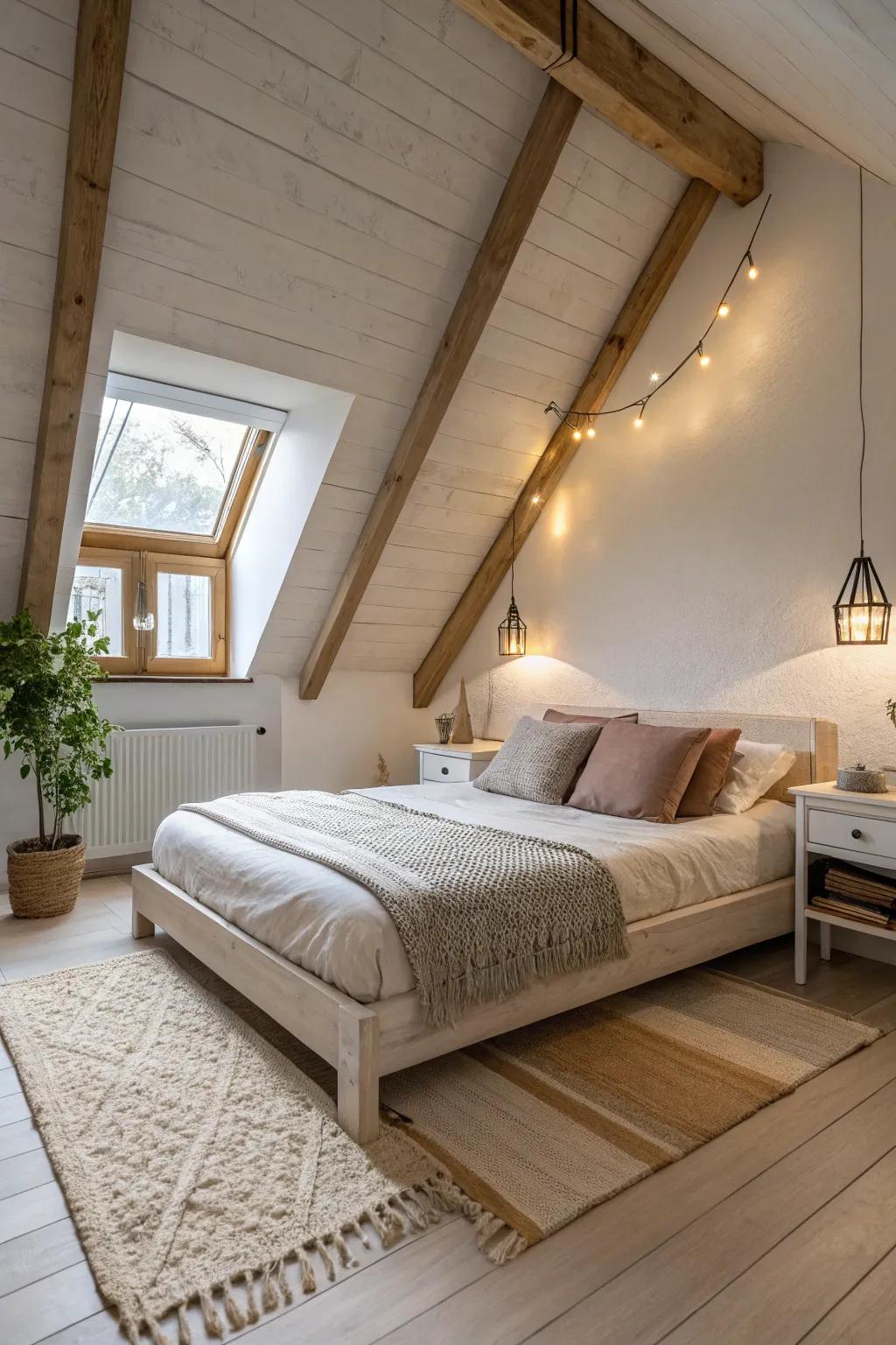 A short bed in an attic bedroom maximizes vertical space.