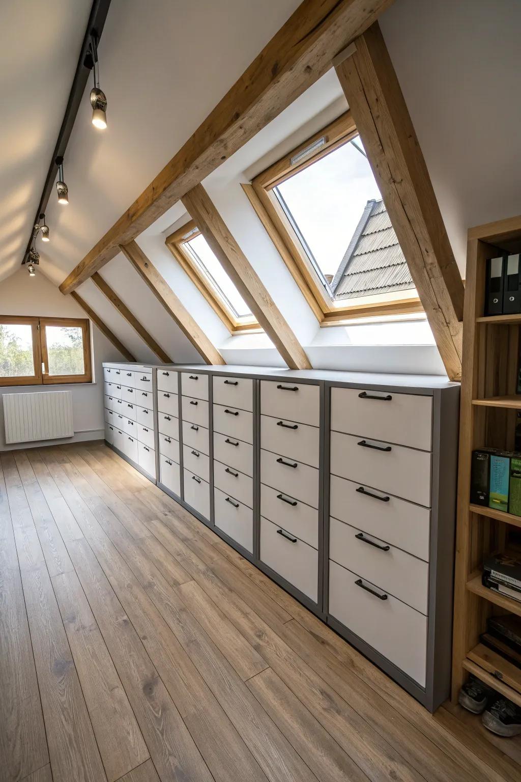 Drawer units blend seamlessly against slanted walls for orderly storage.