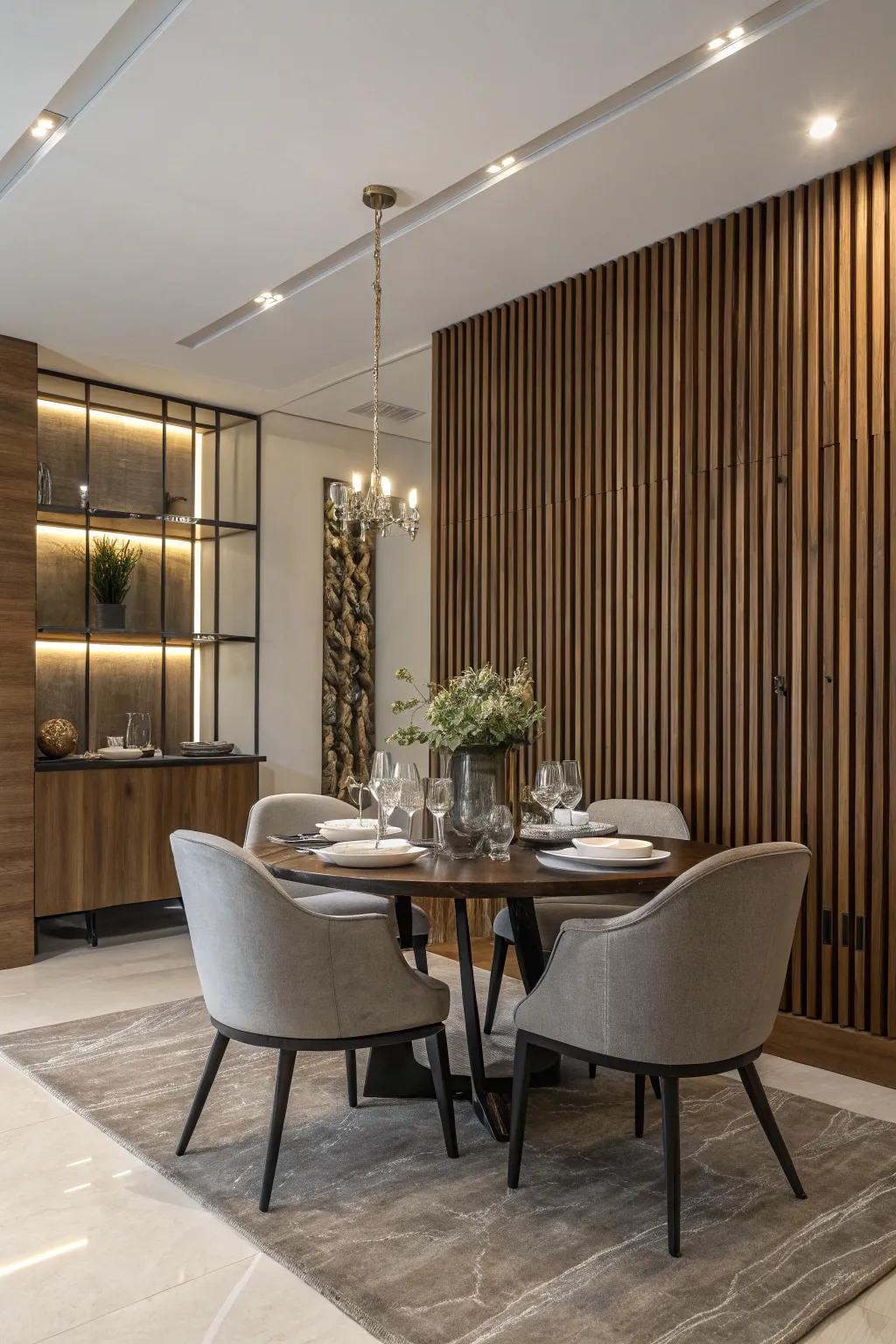 A dining room featuring a timber-look wall, designed to cultivate a refined setting.