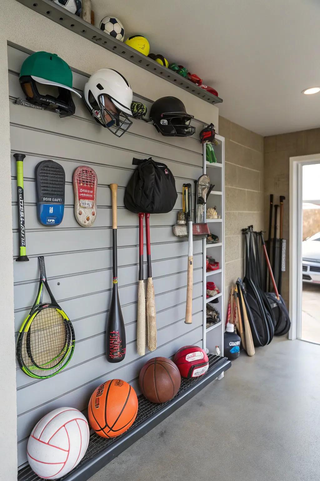 Slatwall storage systems offer an easy way to arrange your sports gear.