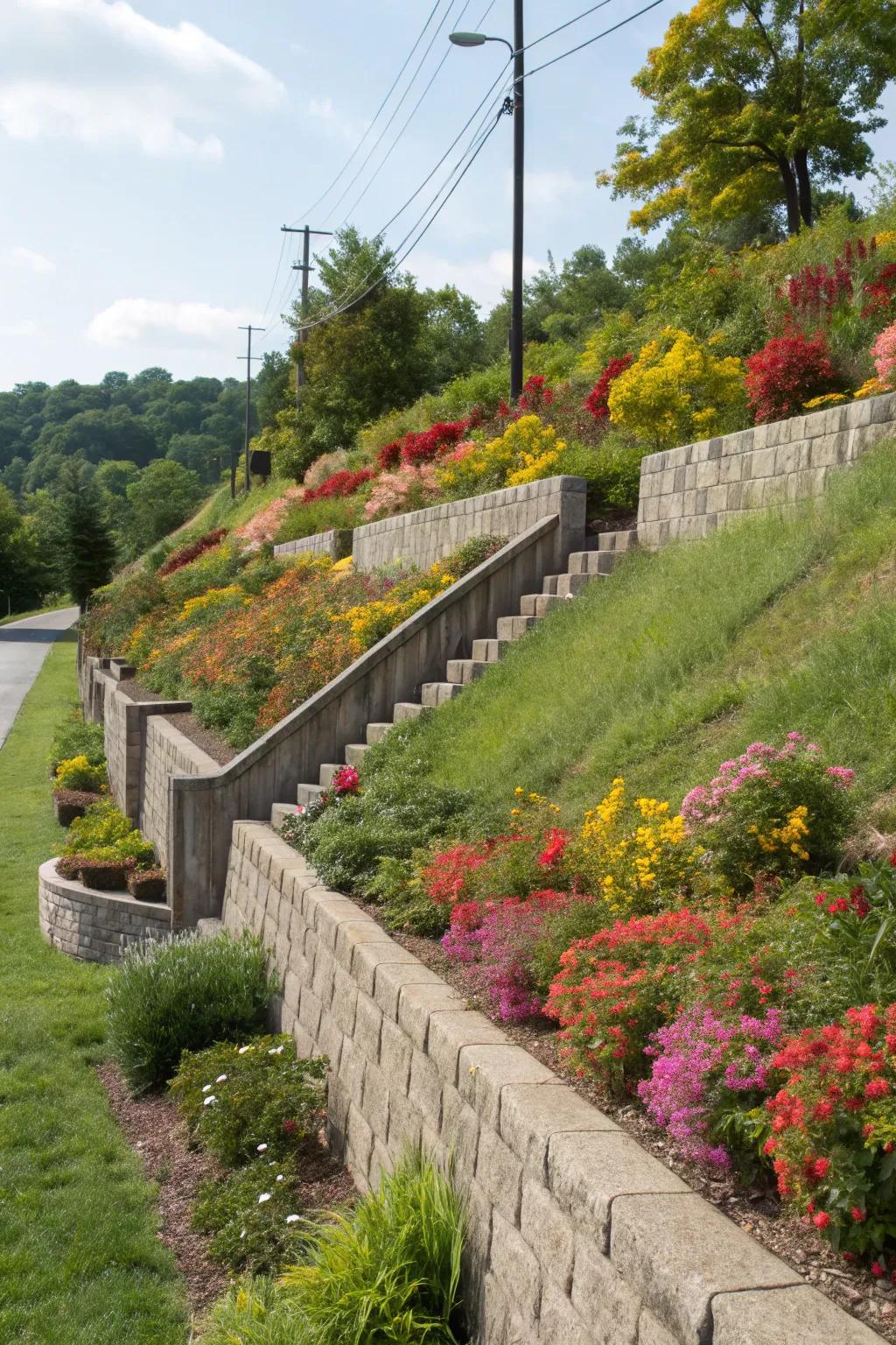 Supportive walls lend steadiness and allure to this hillside garden.