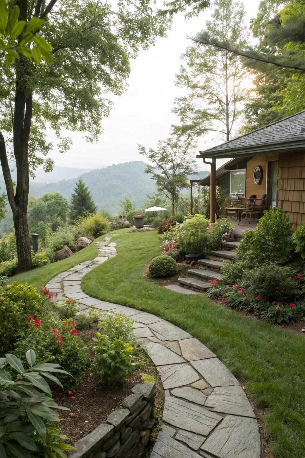 Walkways invite guests to discover the splendor of your sloping garden.