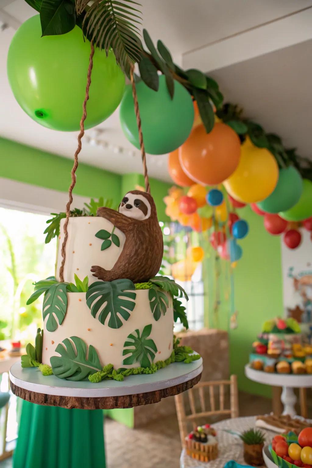 A suspended sloth cake adds a fun element.