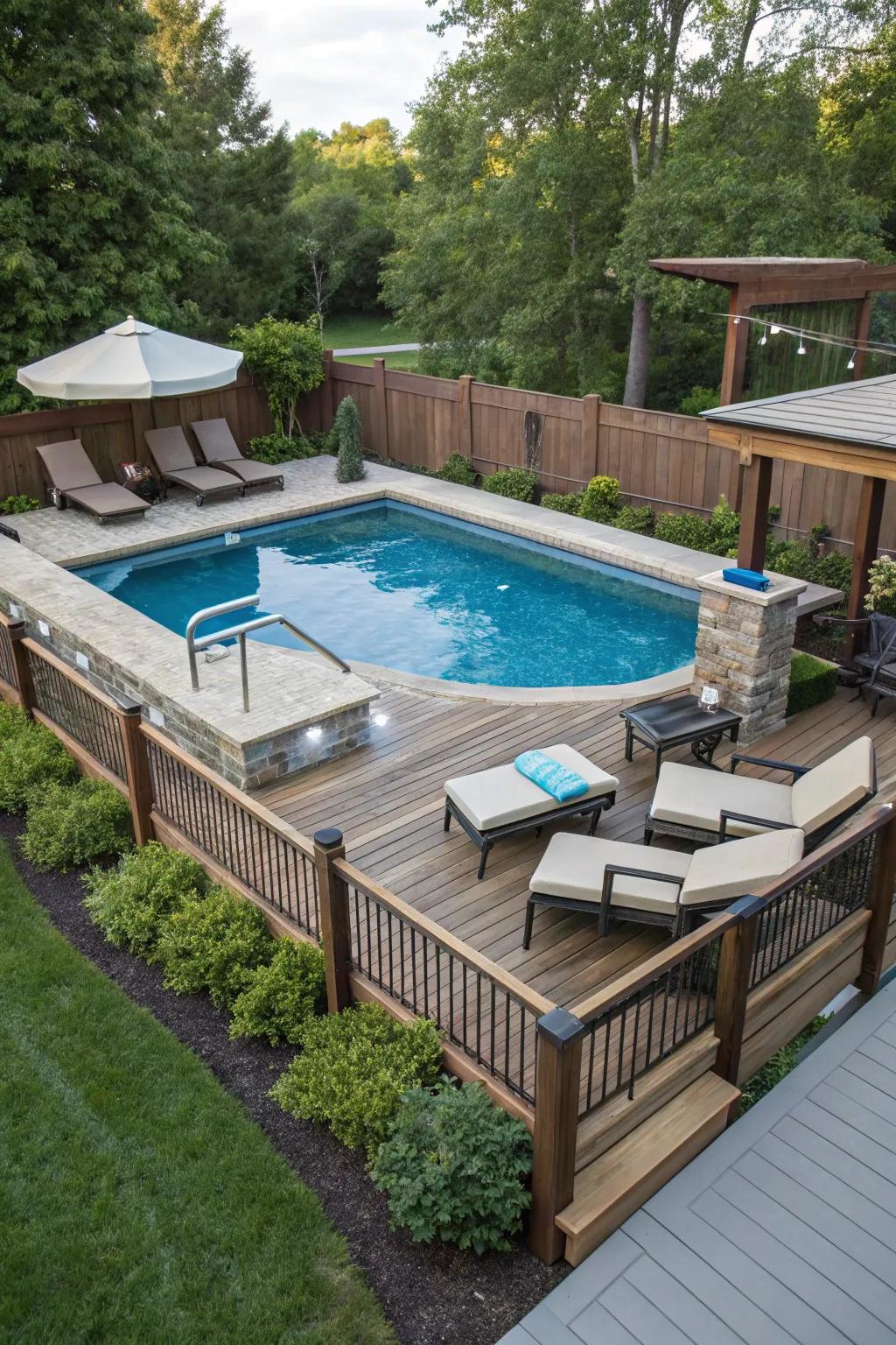 A welcoming above-ground pool surrounded by relaxing seating options.