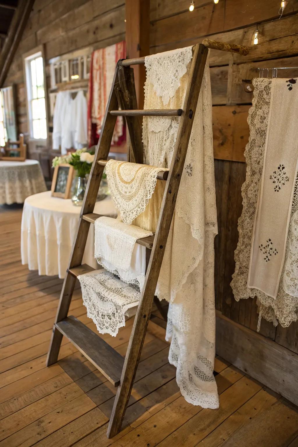 Vintage ladder utilized as a display stand for delicate textiles
