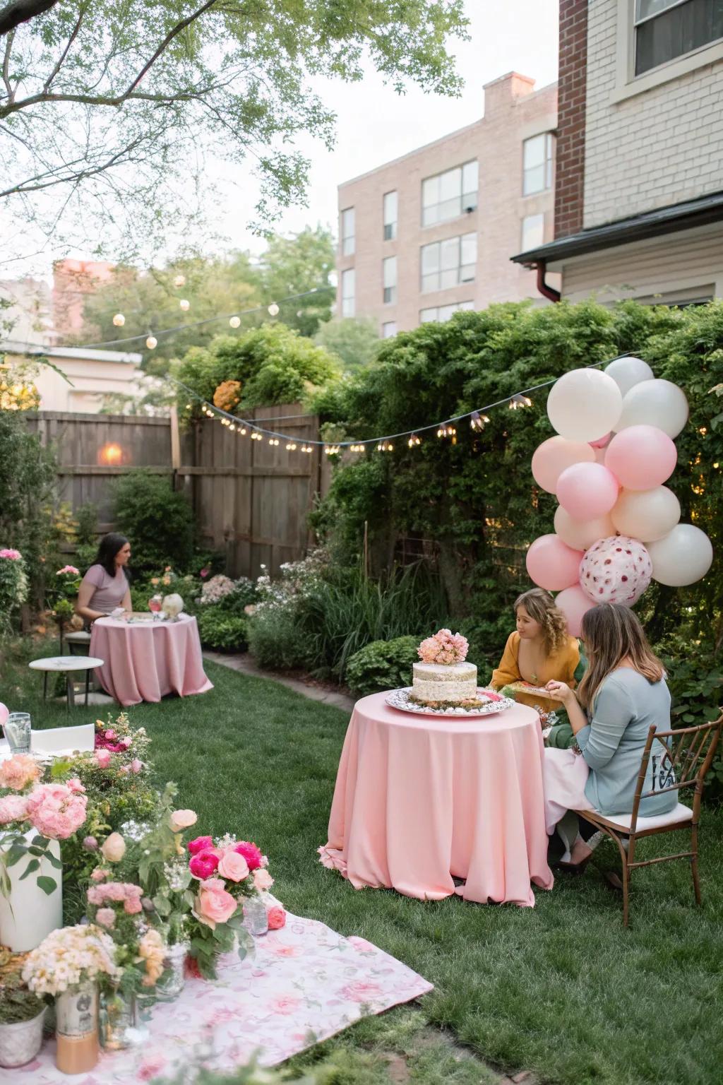 A mesmerizing garden setting for a small, cozy baby shower.