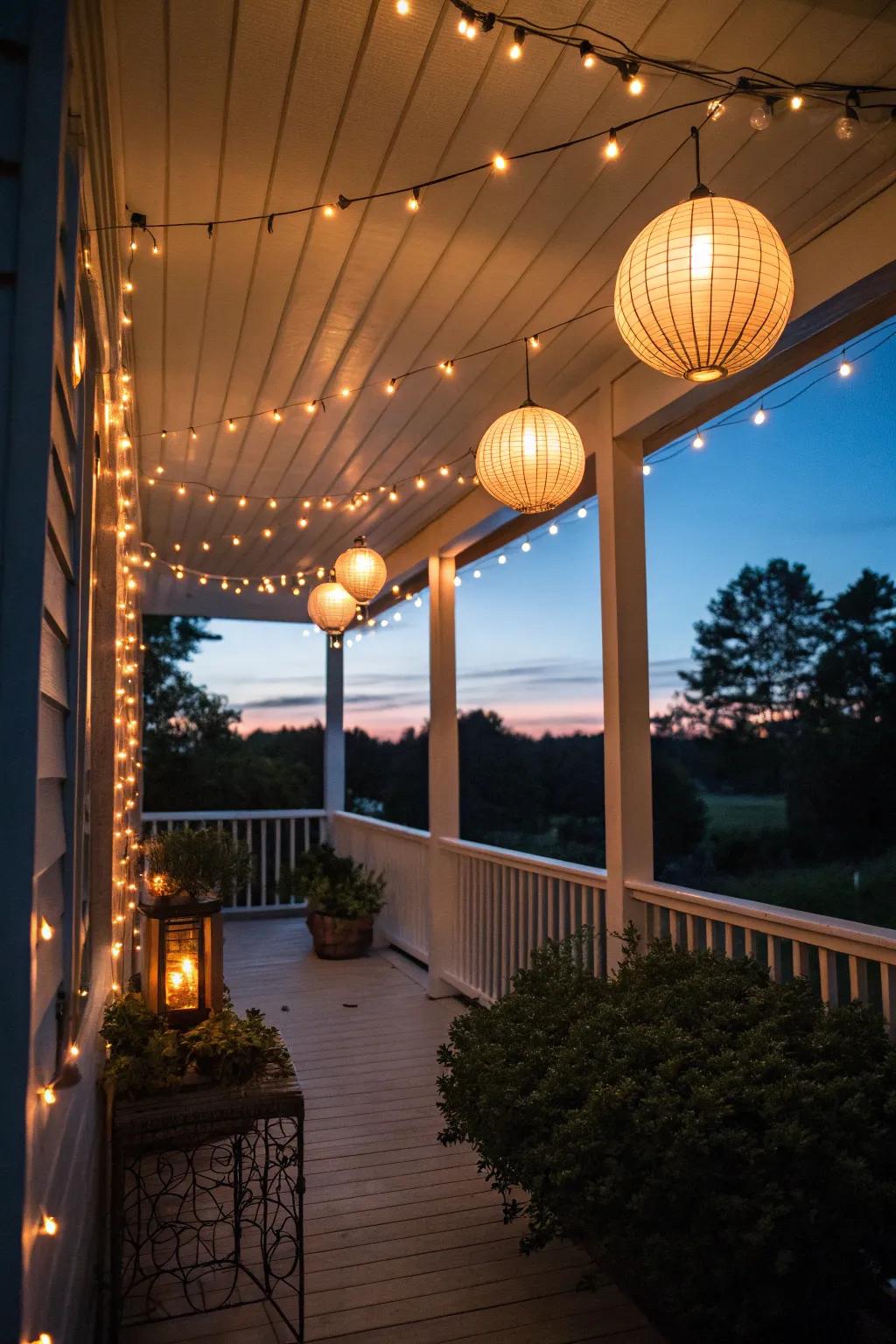 Fairy lights and lanterns cast a warm light on this small back porch.