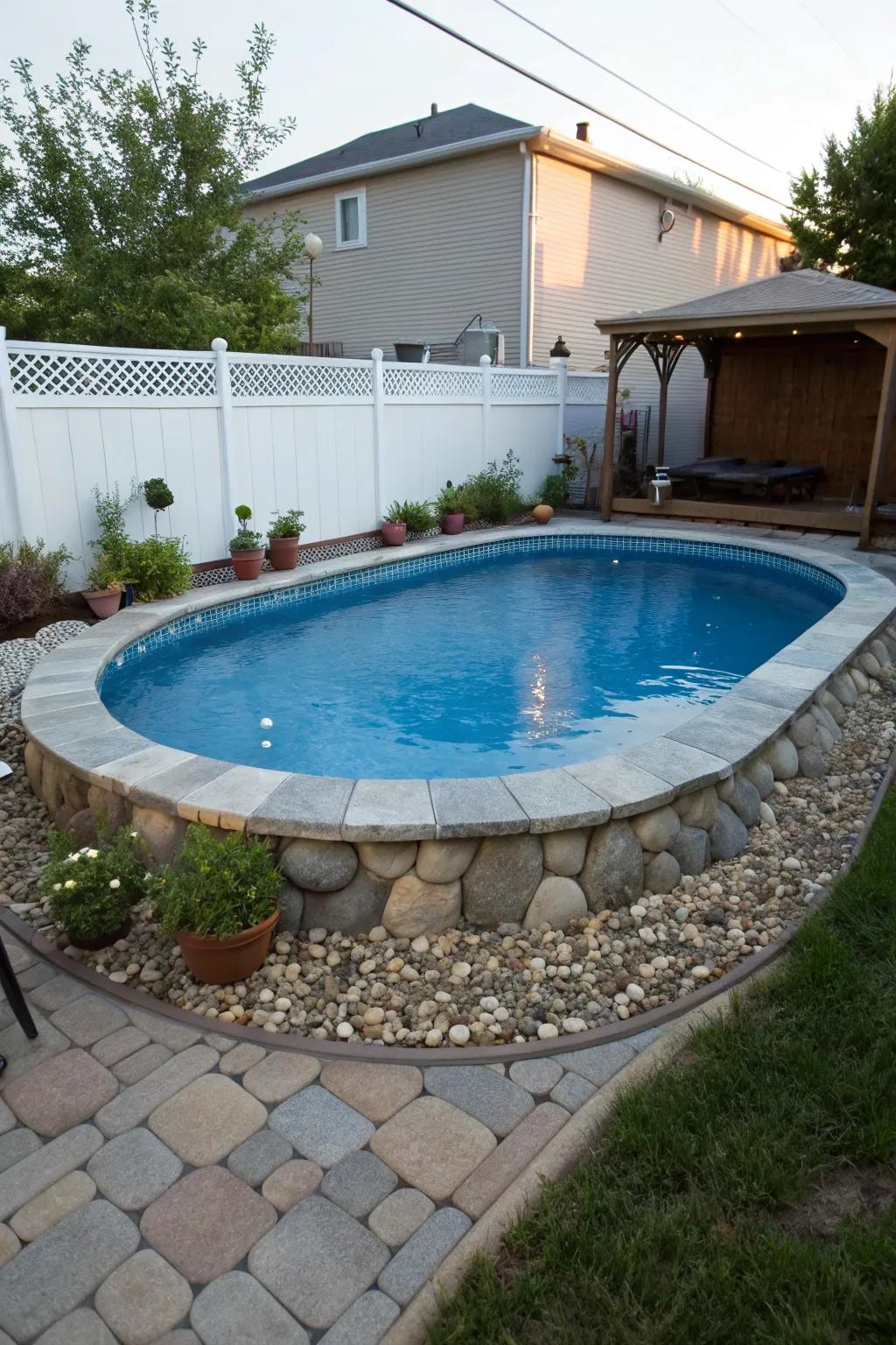 Ornamental stones gracefully framing an above-ground pool, adding a hint of rustic charm.