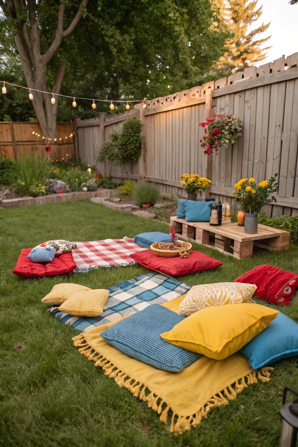 Snug picnic-themed seating featuring lively fabrics
