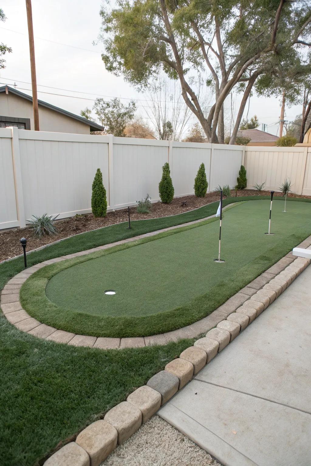 A sleek, minimalist putting green design nestled in a small backyard.