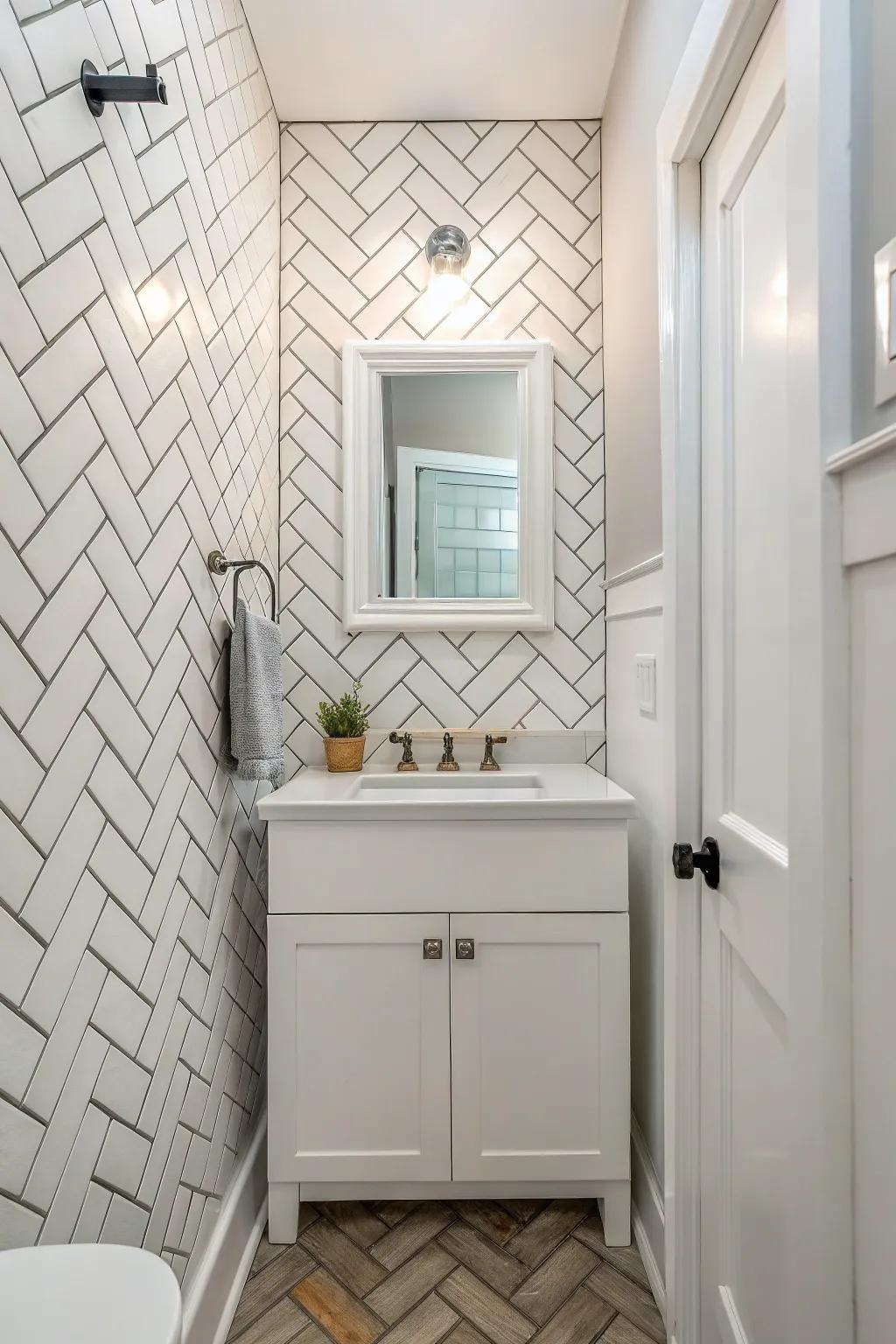 Brick-style tiles in a herringbone design bring classic elegance.