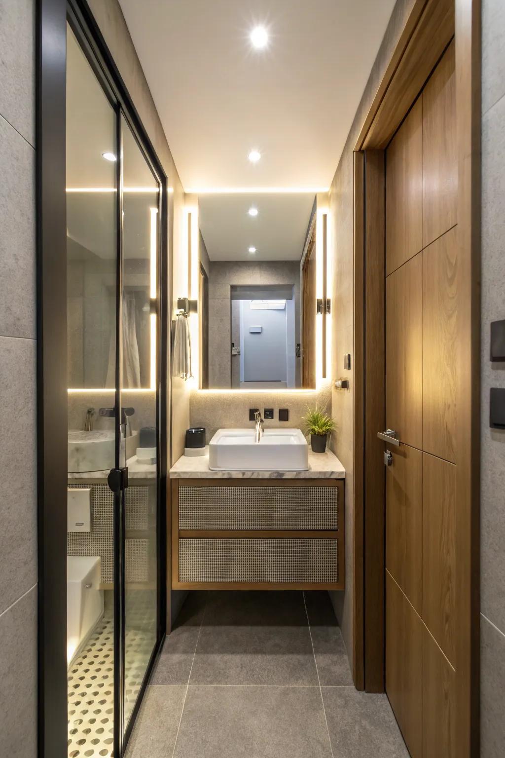Mirrored doors enhance space by reflecting light throughout the room.