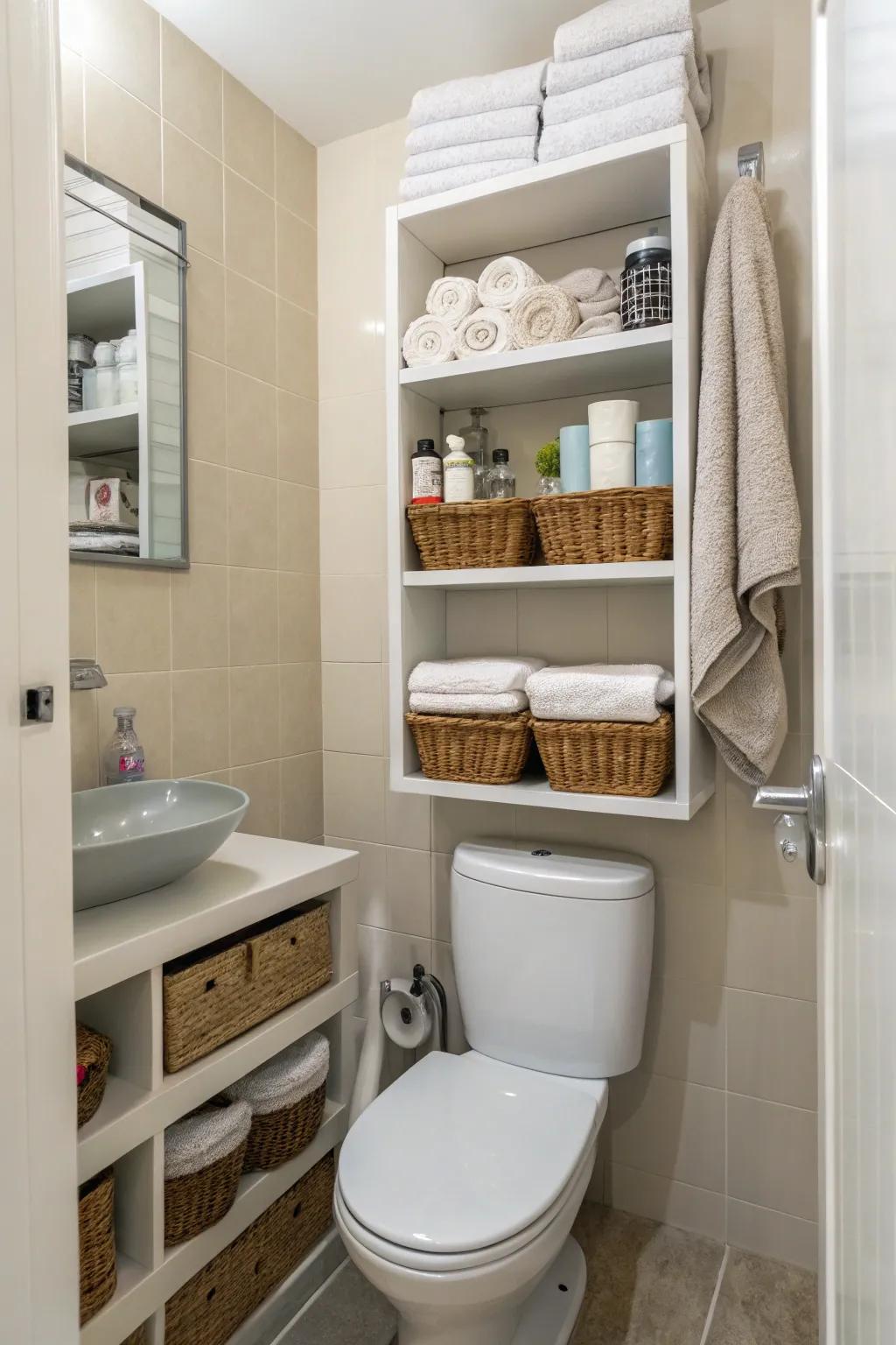 Vertical shelves maximize storage in a small bathroom.