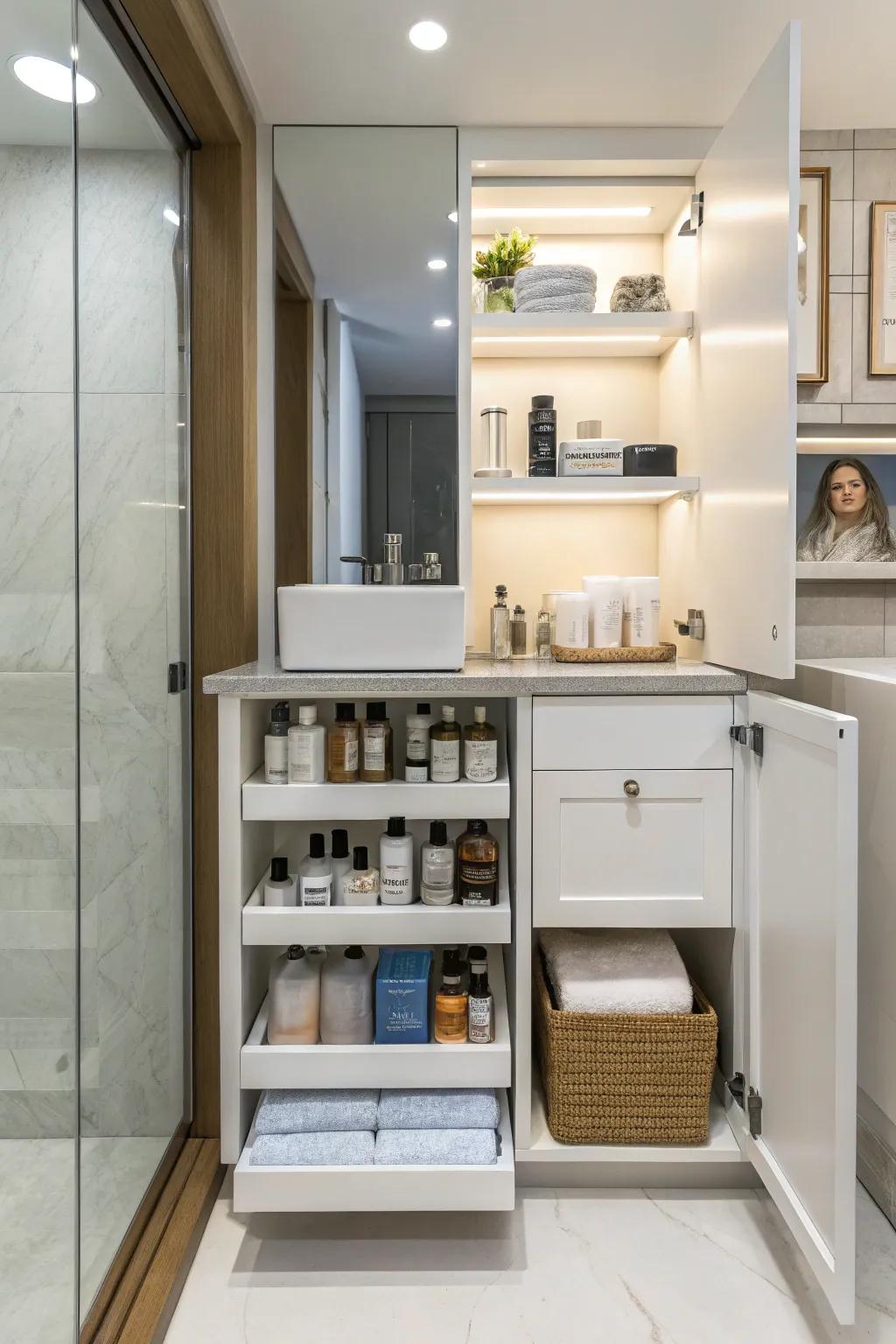 A vanity featuring smart storage solutions that ensures everything is well-placed.