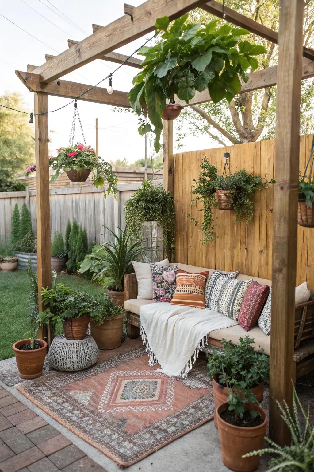 Hanging greenery maximizes space and introduces lush, natural elements.