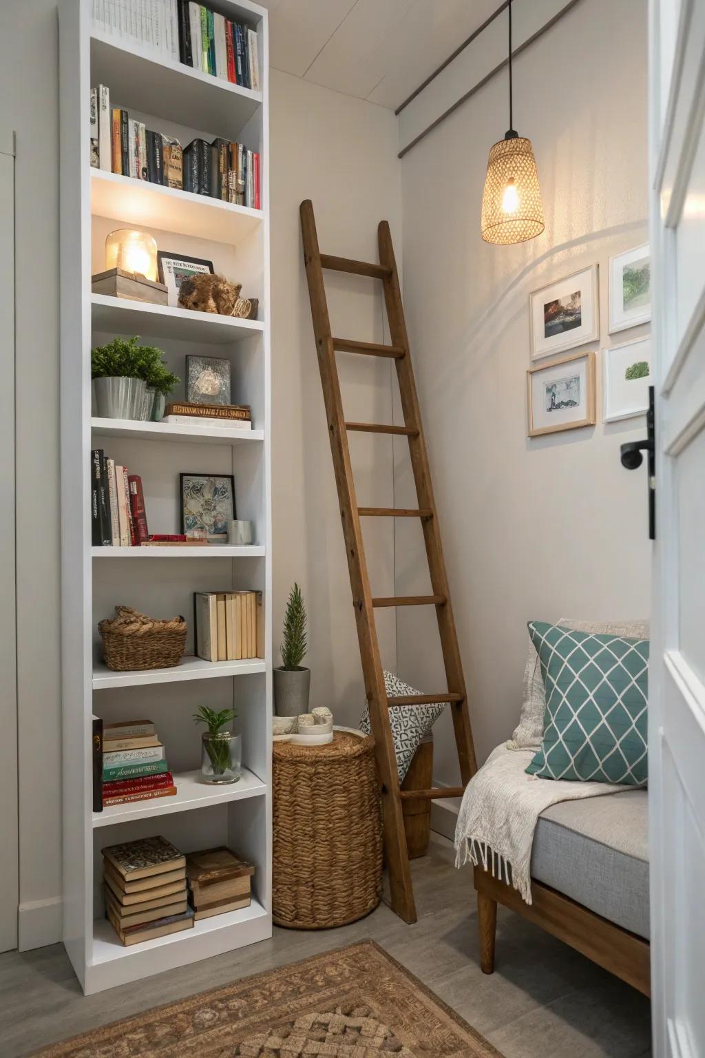 Ladder-style shelving serves as an ideal solution for vertical storage purposes.