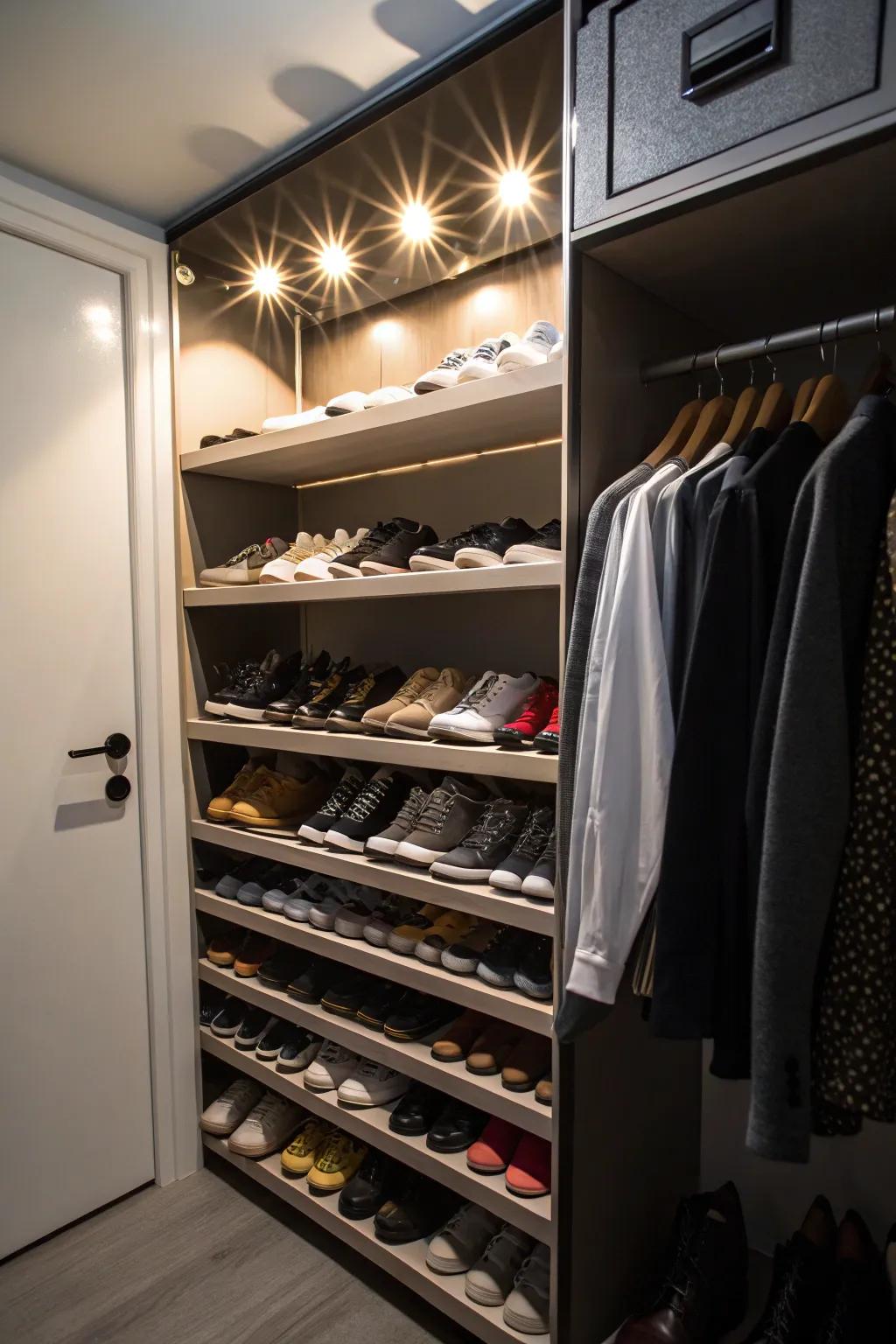Spotlights highlight a neatly arranged shoe collection.