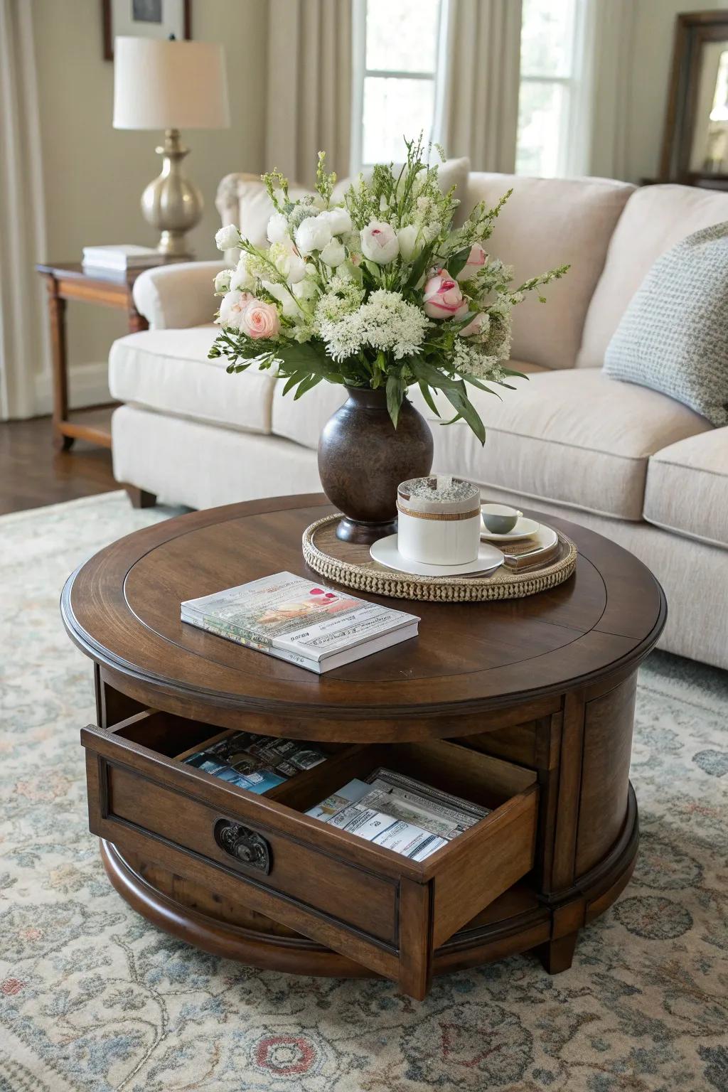 Circular tables featuring hidden compartments provide both style and functionality.