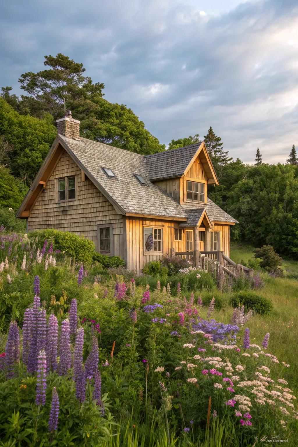 A cottage showcasing a creative mixture of timber and shingle sidings.