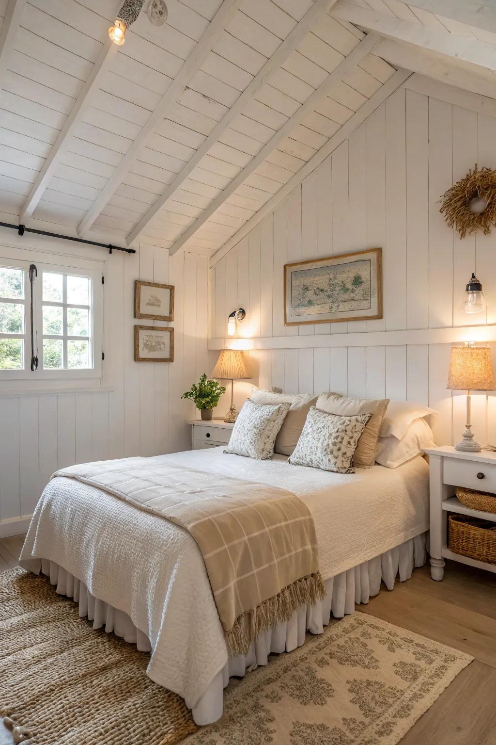 Subdued tones blend harmoniously, shaping a light, serene cottage bedroom.