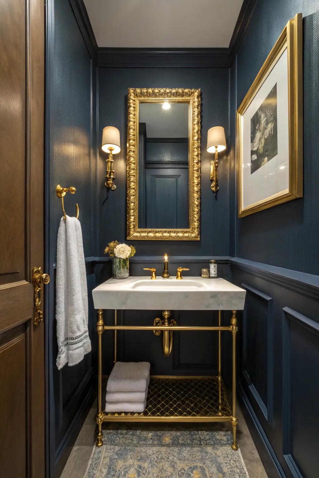 Gilded accents impart a hint of grandeur to the deep blue bathroom.