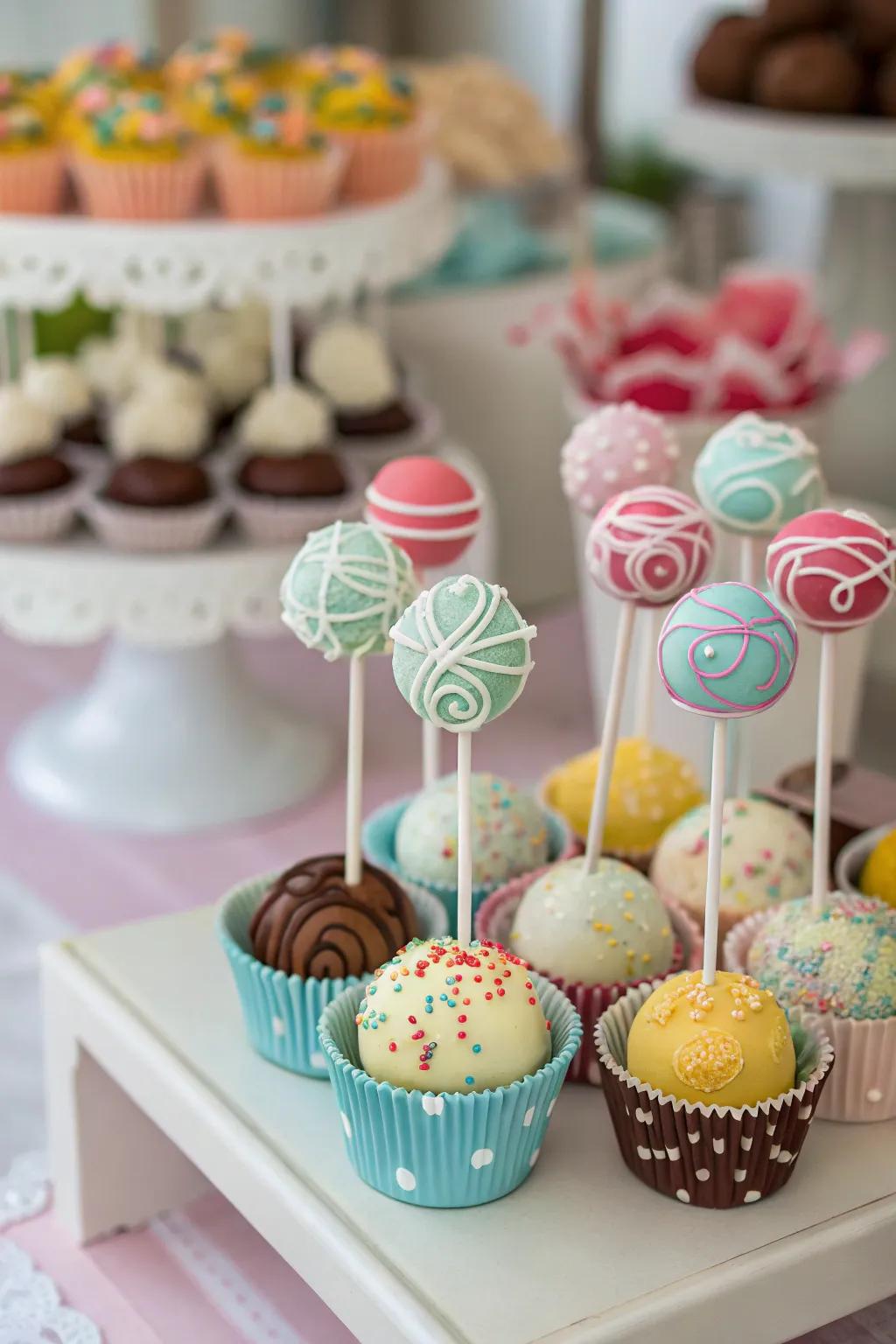 Colorful cake pops introduce a playful element to a sweets display.