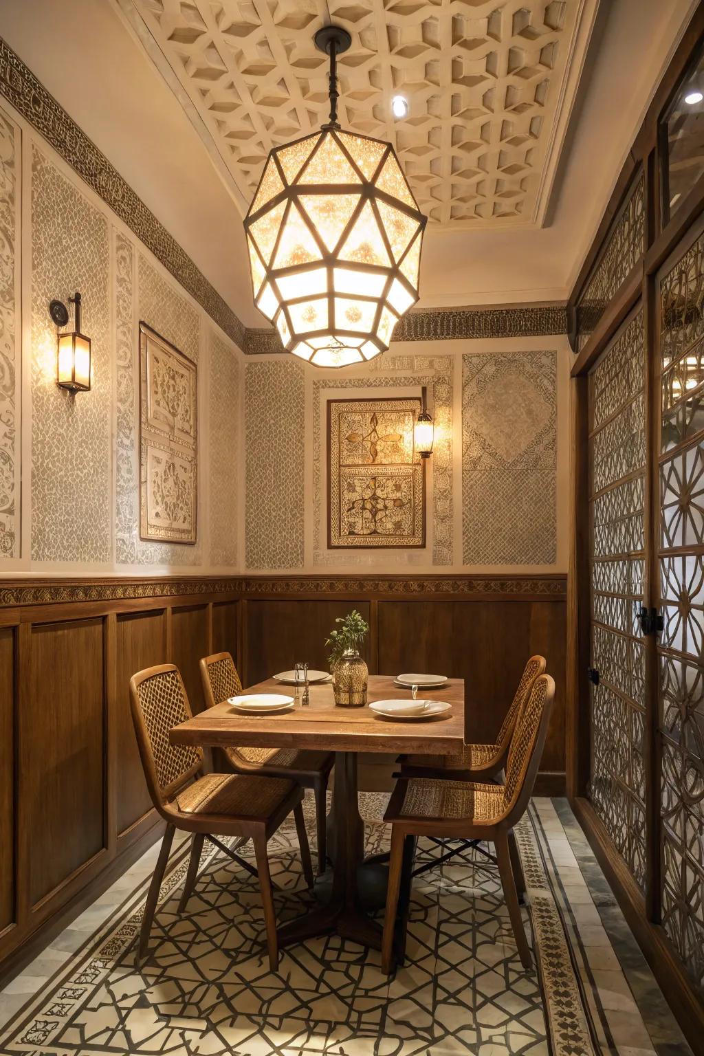 Geometric designs provide an artistic flair to dining spaces.