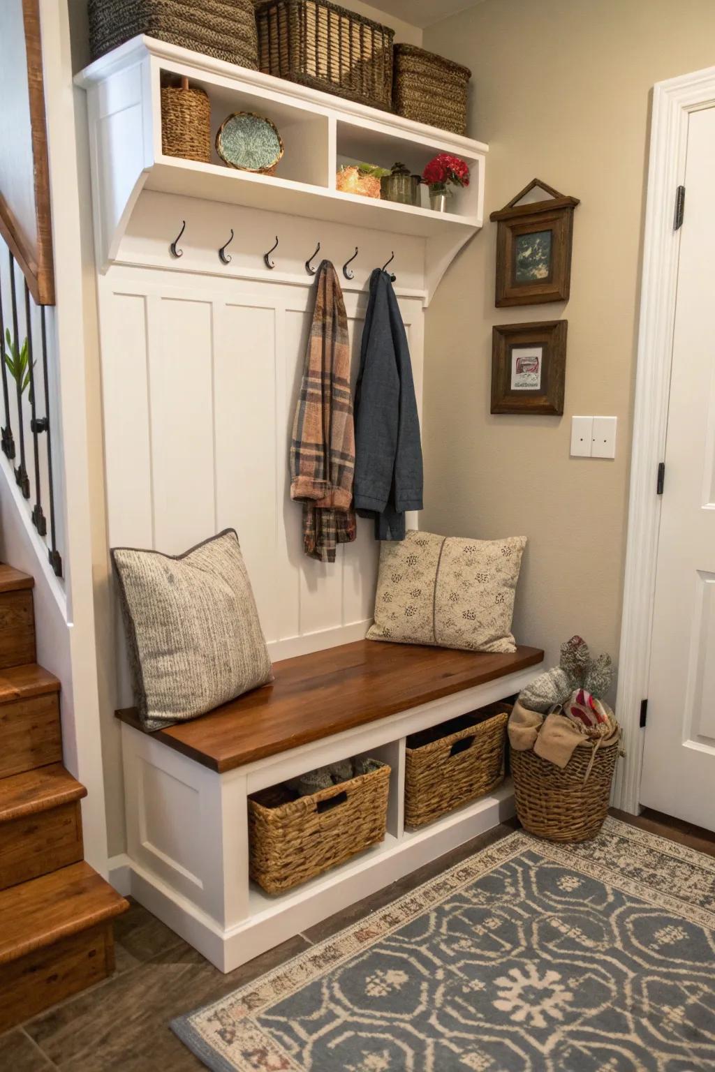 A multi-functional bench provides seating and storage together.