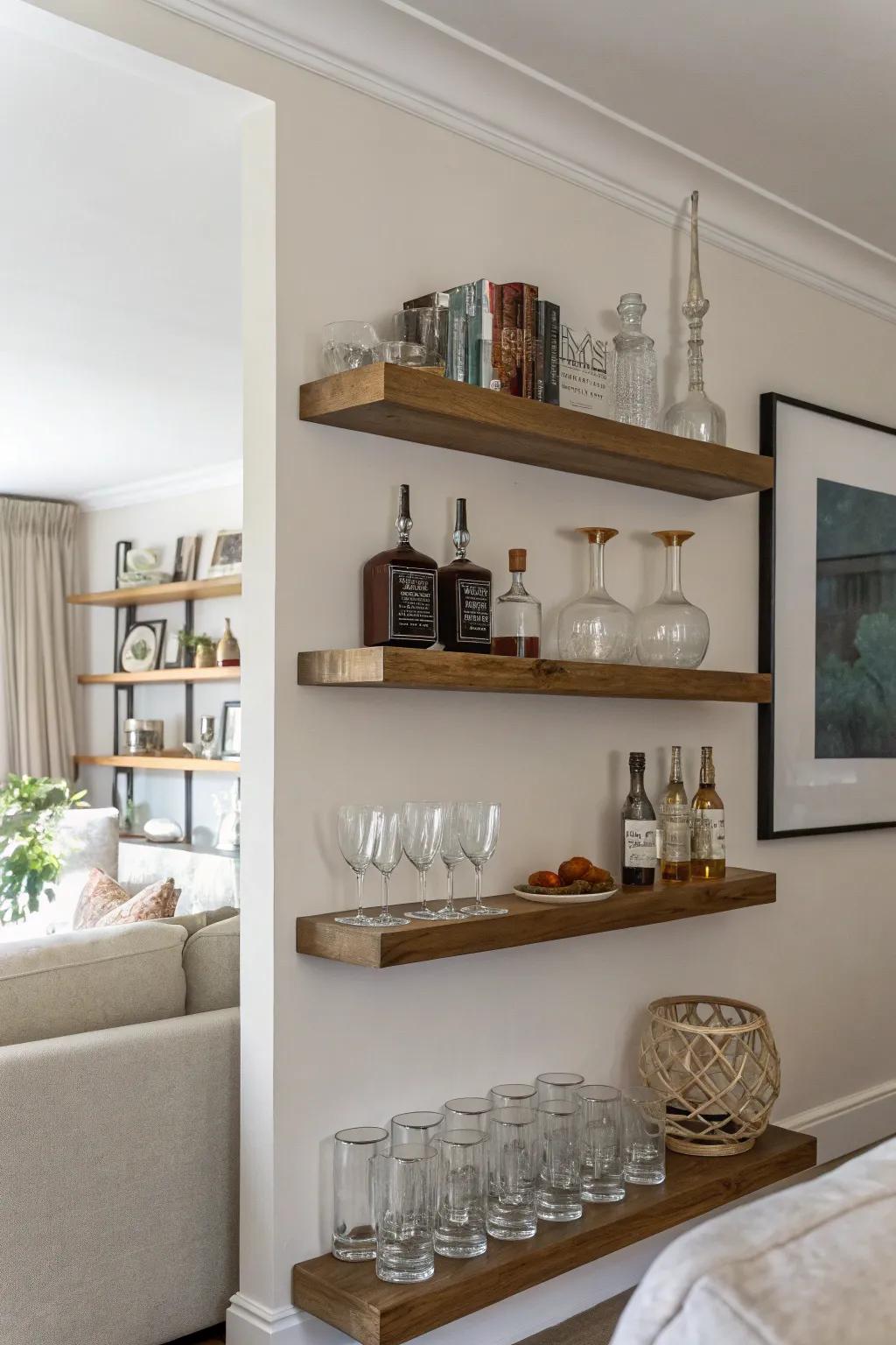 Simple drifting shelves designed for a streamlined dry bar.