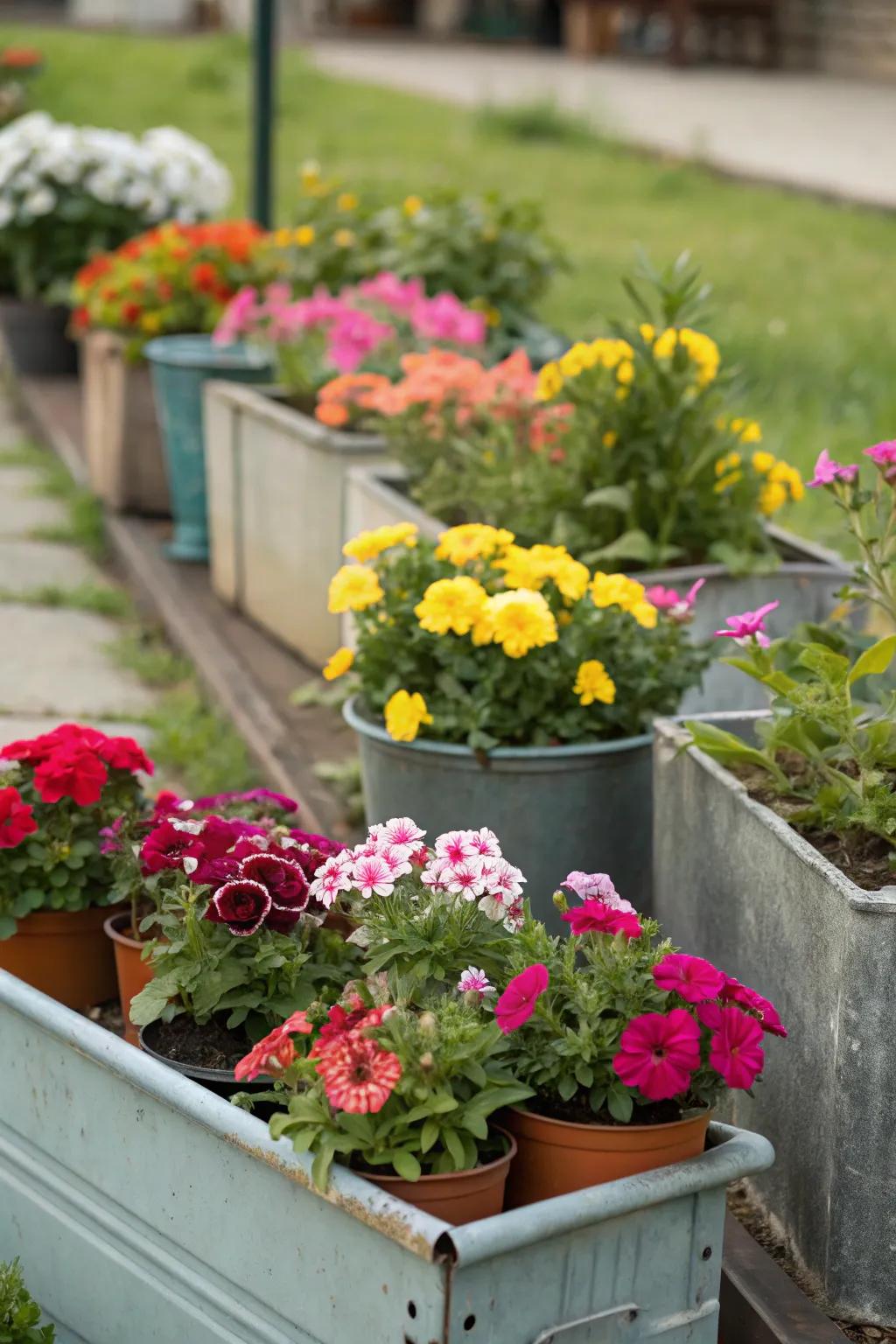 A flexible compact flower garden showcasing a group of containers with flowering blossoms.