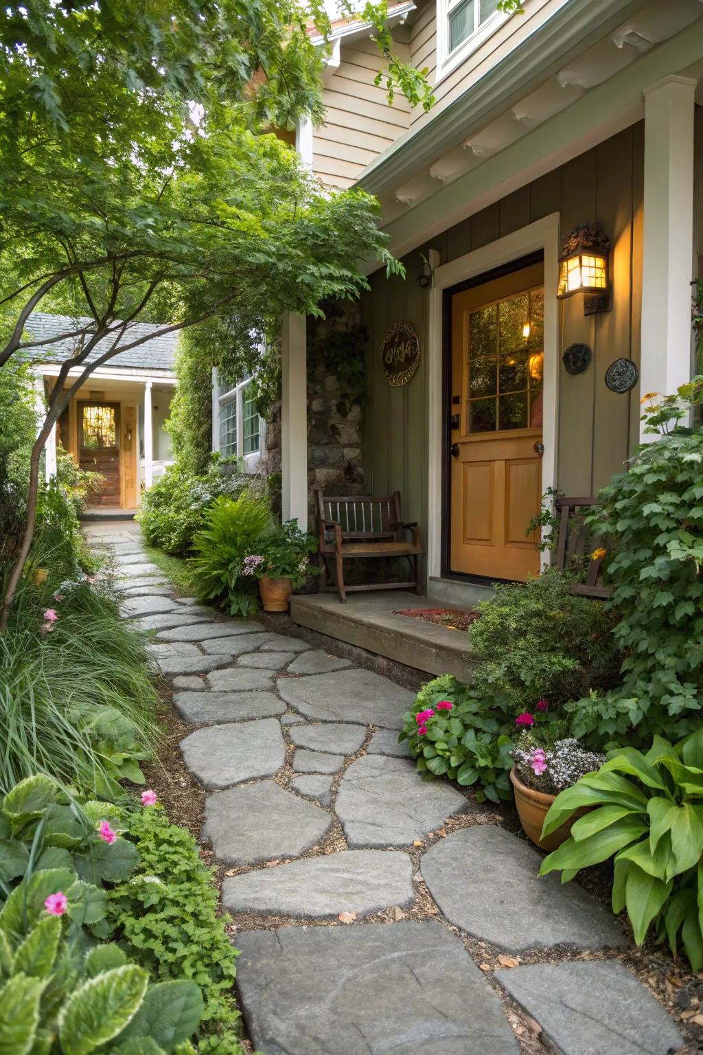 A stone pathway creates a charming guide to the entrance.