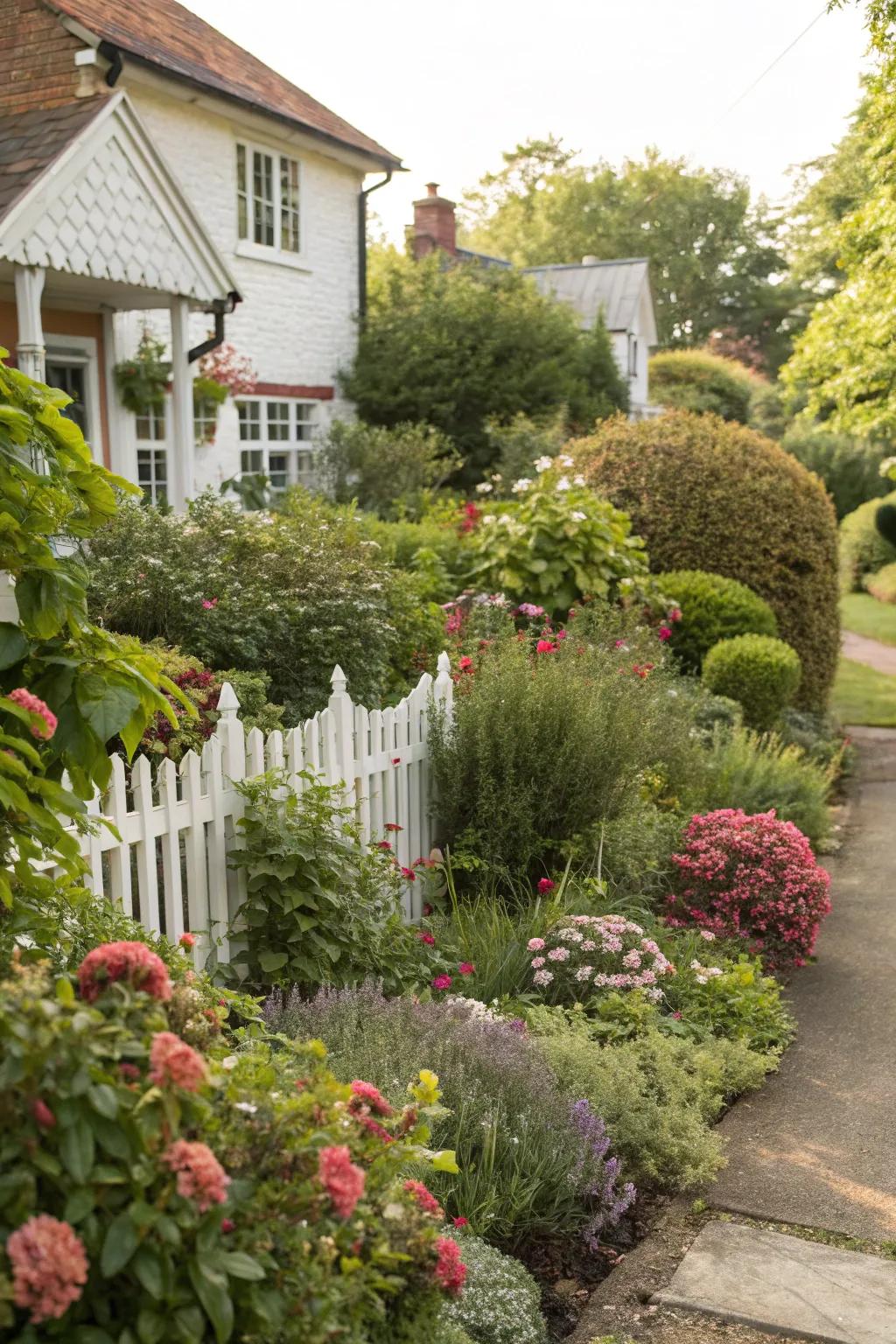 A vivid blend of bushes and flowering flora in a compact front garden.