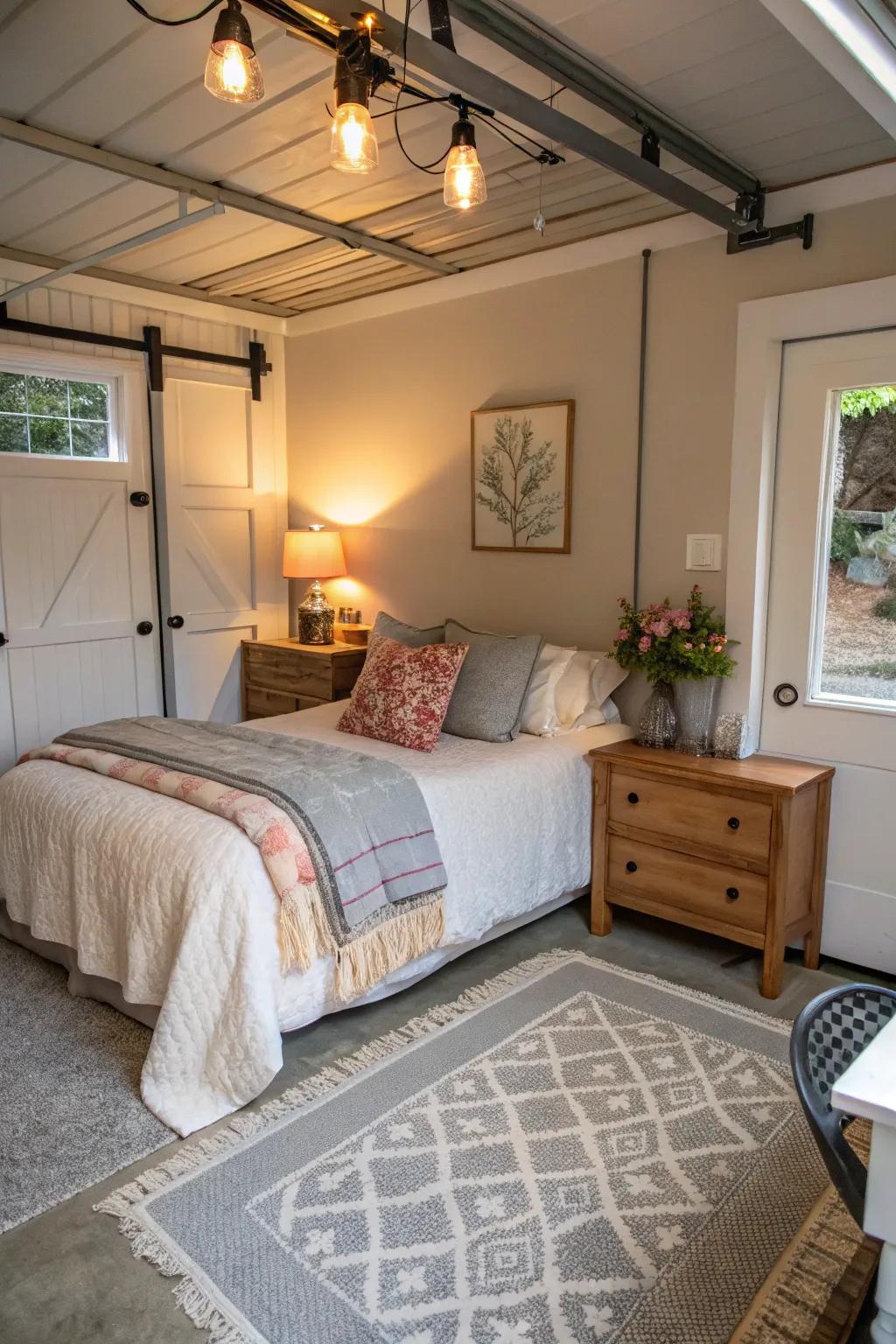 A small garage offers a warm welcome as a guest room.